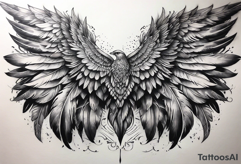 wings tattoo extending from a mens shoulders, covering the upper arms and upper back. The feathers are intricately detailed, with soft shading in black and gray to create depth and texture. tattoo idea