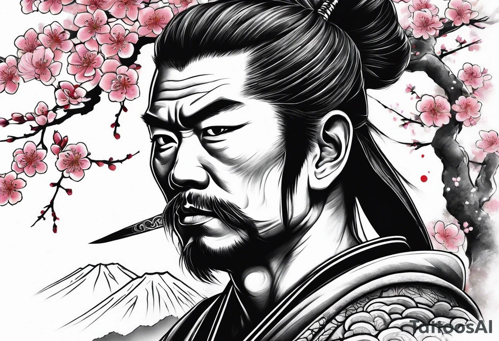 japanese samurai with cherry blossom trees in the back round and japanese traditional tattoos. tattoo idea