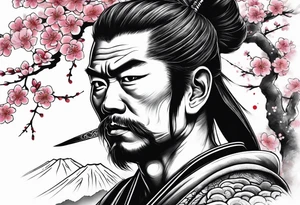 japanese samurai with cherry blossom trees in the back round and japanese traditional tattoos. tattoo idea
