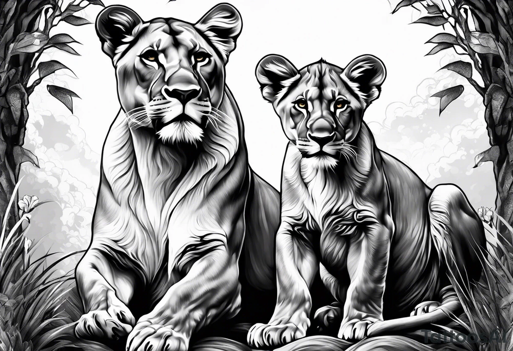 Lioness on her hind legs
 protecting her two cubs tattoo idea