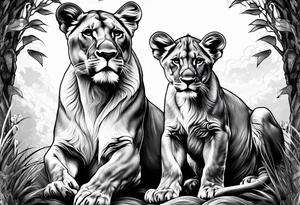 Lioness on her hind legs
 protecting her two cubs tattoo idea