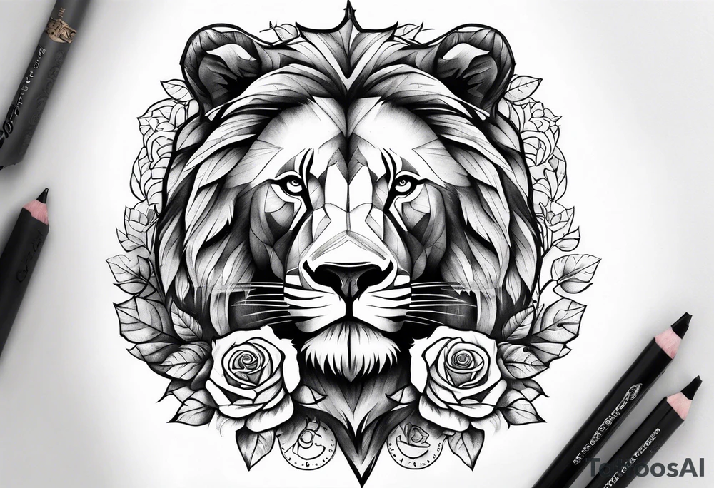 Rose clock bear lion tattoo idea