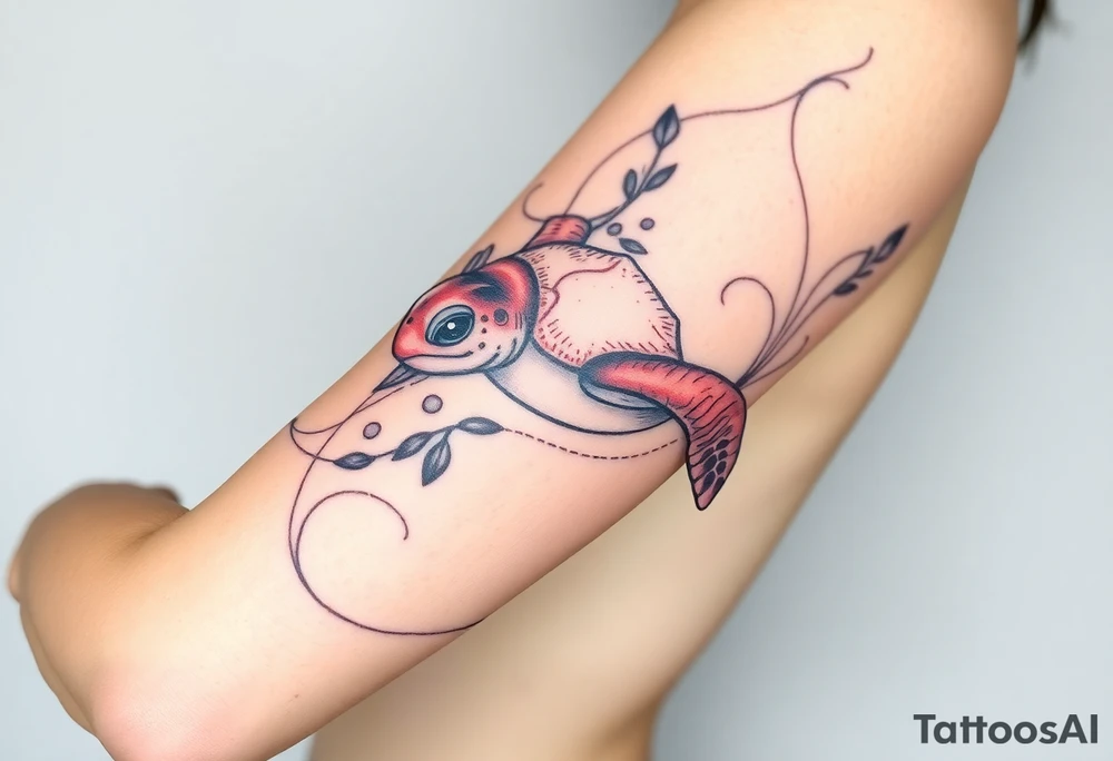 Baby sea turtle with ocean scene tattoo idea