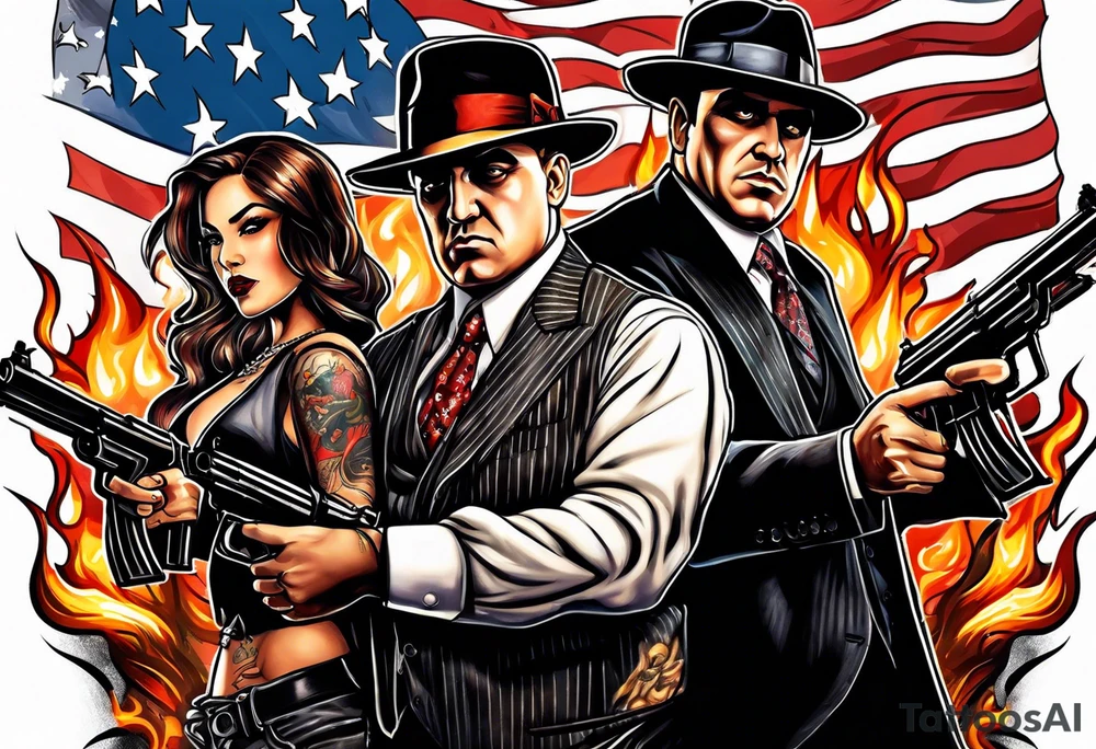 capone style gangsters battling with machine guns against a dark flame background 
american flag and sexy women tattoo idea