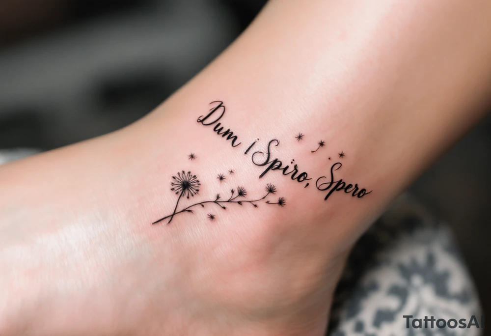 "Dum Spiro, Spero" (While I breathe, I hope), flowing in delicate handwritten script, paired with a gentle breath motif or dandelion dispersing seeds, in soft black and light gray tones for a light, hopeful feel. tattoo idea