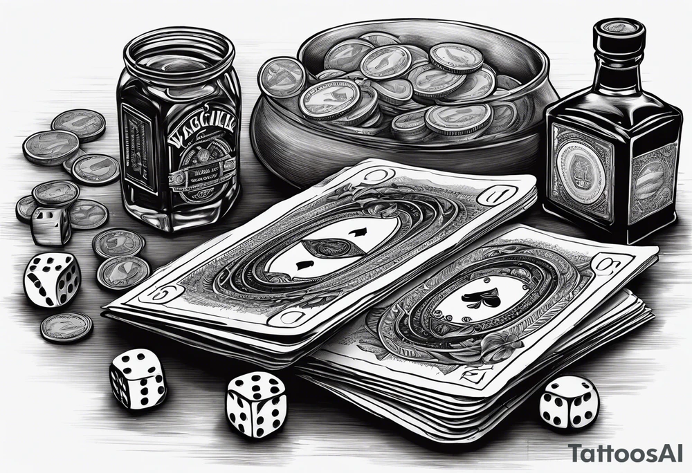 cards, money, dice, and whiskey on ice, tattoo idea