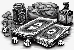 cards, money, dice, and whiskey on ice, tattoo idea