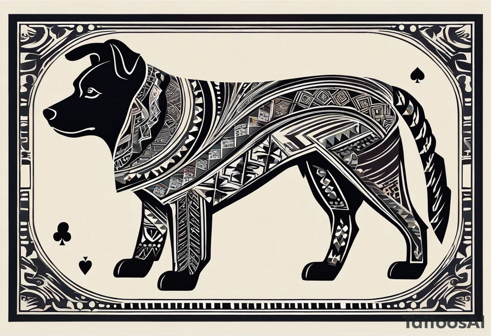 {
  "prompt": "Create a detailed tribal-style image of a dog for the back of a deck of cards. The dog should be depicted symmetrically, with intricate patterns made of bold lines and geometric shapes. Incorporate traditional tribal art elements, such as swirling motifs, detailed ornamentation, and dynamic, flowing lines to convey strength and mysticism. Ensure the overall composition is balanced and centered. The background should be simple, allowing the intricate design of the dog to stand out prominently and create a visually striking, powerful, and elegant design.",
  "size": "1024x1024"
} tattoo idea
