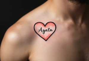 A black heart outline with the name "Agata" written inside, surrounded by a faded watercolor gradient of soft peach and red tones. tattoo idea