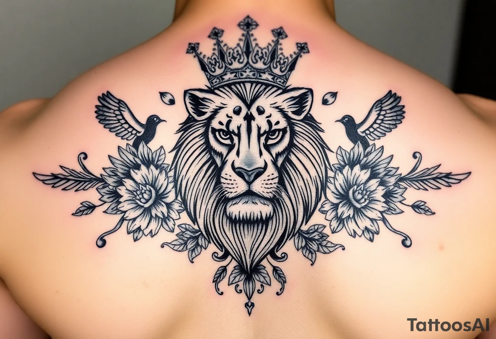 powerful majestic lion with a crown, surrounded by floral ornaments and birds tattoo idea