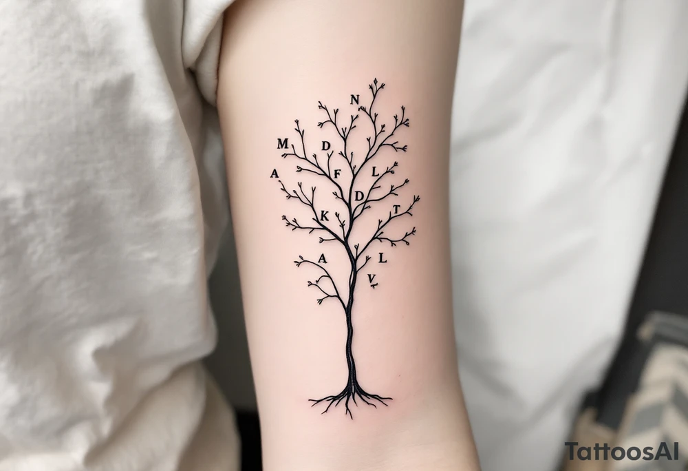 Minimalist Line Art Tree with Initials – A thin, elegant tree drawn in black fine line, with delicate branches all bearing initials "M, N, A, D, K, V, L, T" in subtle gray ink, rooted in a simple base. tattoo idea