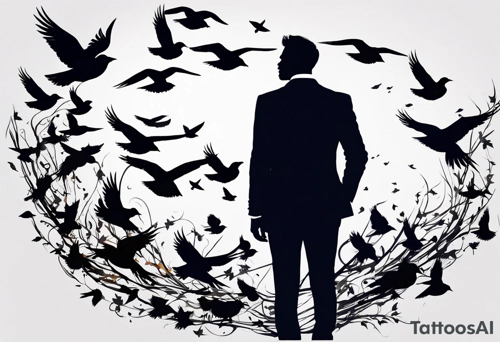 Sleeve tattoo silhouette of a man wearing a suit morphing into a flock of birds tattoo idea