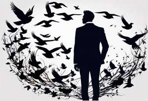 Sleeve tattoo silhouette of a man wearing a suit morphing into a flock of birds tattoo idea