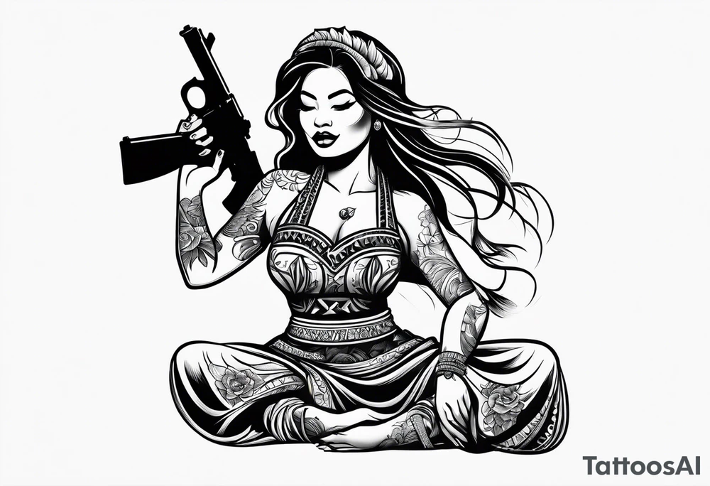 hula girl squating and dance with gun tattoo idea