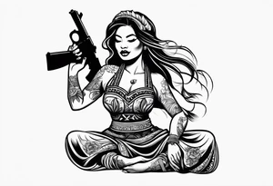 hula girl squating and dance with gun tattoo idea