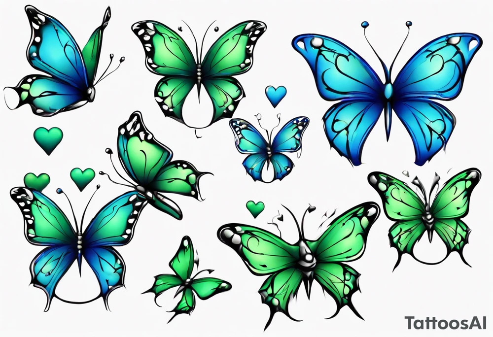 4 small blue and green butterflies, with 4 small 3D hearts, light in color, with some sort of vine intertwining them. tattoo idea