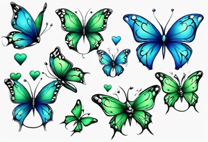 4 small blue and green butterflies, with 4 small 3D hearts, light in color, with some sort of vine intertwining them. tattoo idea