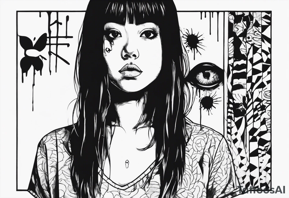 portrait of tomie standing up a character by the horror author junji ito full body standing menacingly.  a mole below her left eye.  add more horror and gore elements tattoo idea