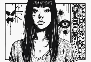 portrait of tomie standing up a character by the horror author junji ito full body standing menacingly.  a mole below her left eye.  add more horror and gore elements tattoo idea