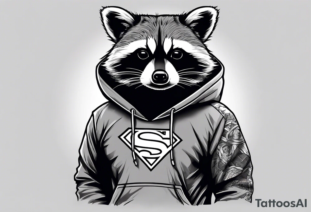 raccoon wearing a Superman hoodie tattoo idea