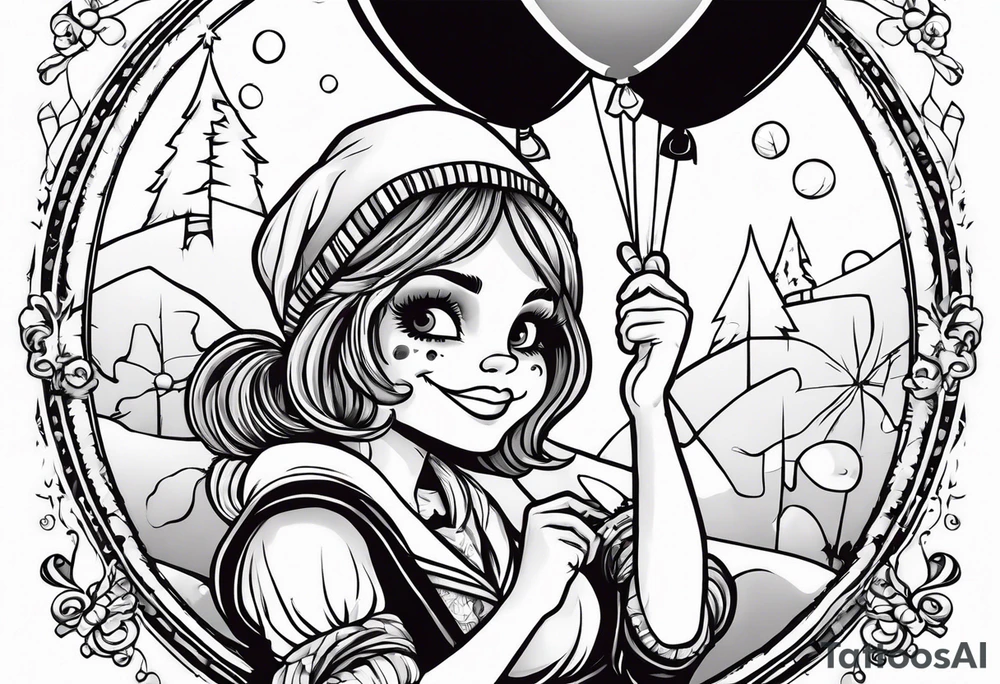 Sally from nighmare before christmas holding a ballon with jack skellignton's face tattoo idea