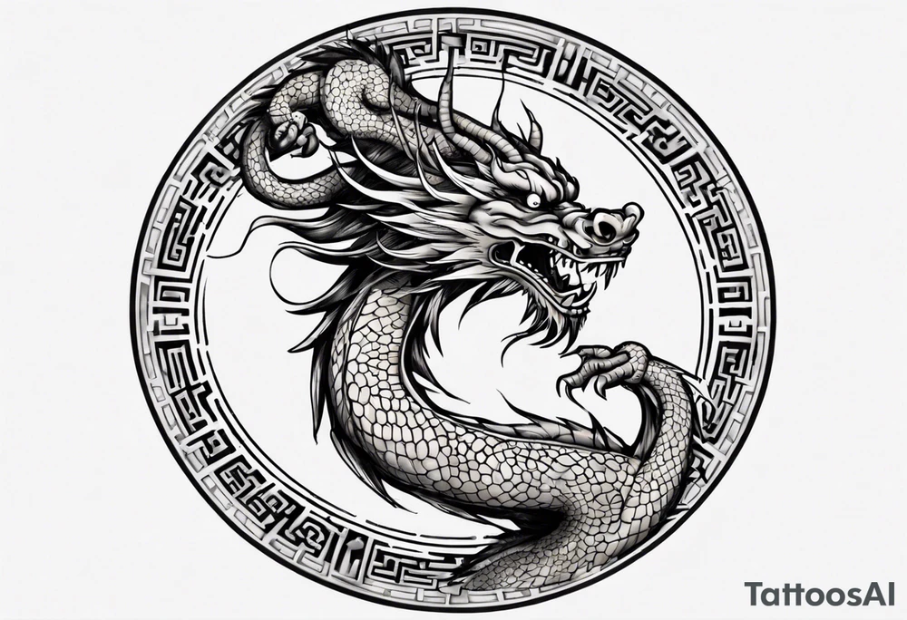 Chinese dragon in a circular shape with "02.03" written on its skin tattoo idea