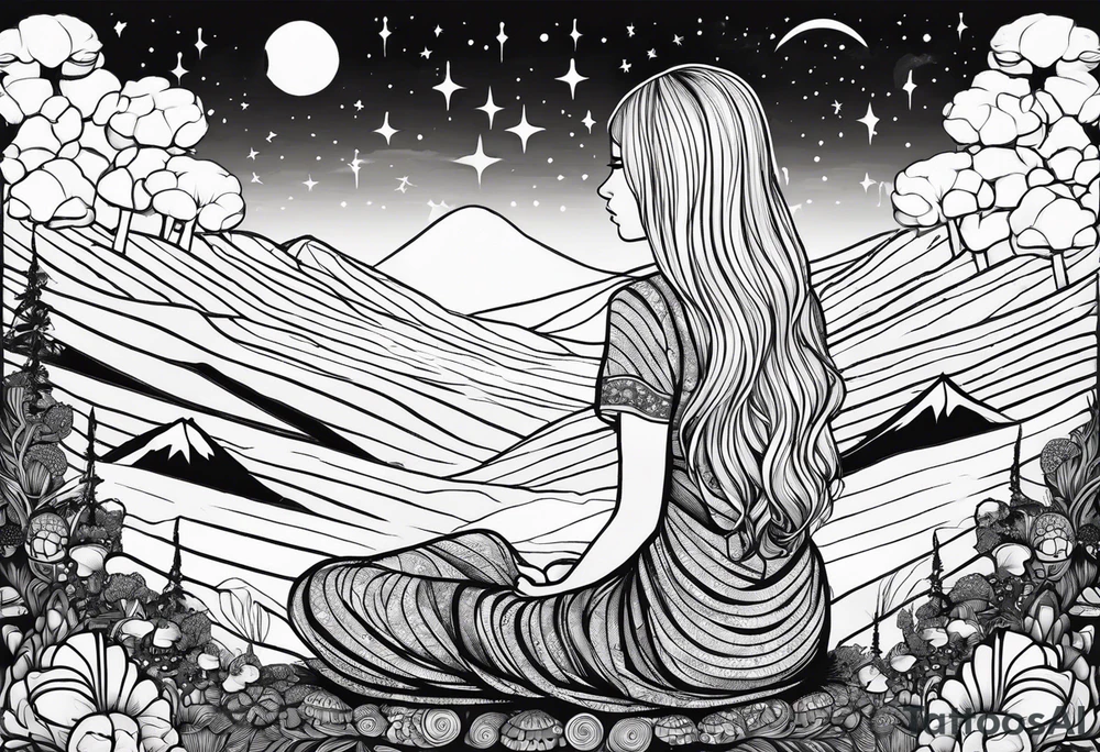 Straight blonde hair girl meditating facing away toward mountains surrounded by mushrooms crescent moon mandala circular design black and white striped dress tattoo idea