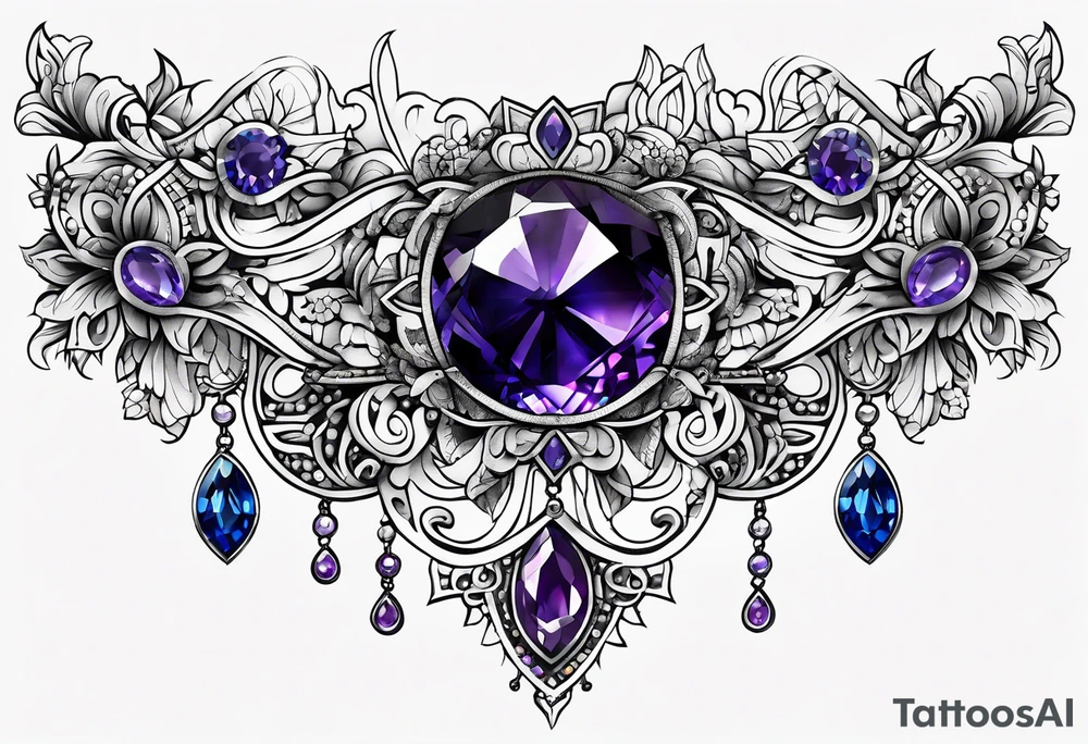 Delicate but strong garter tattoo band with sprinkles of stars and a amethyst, blue sapphire and peridot birthstone tattoo idea