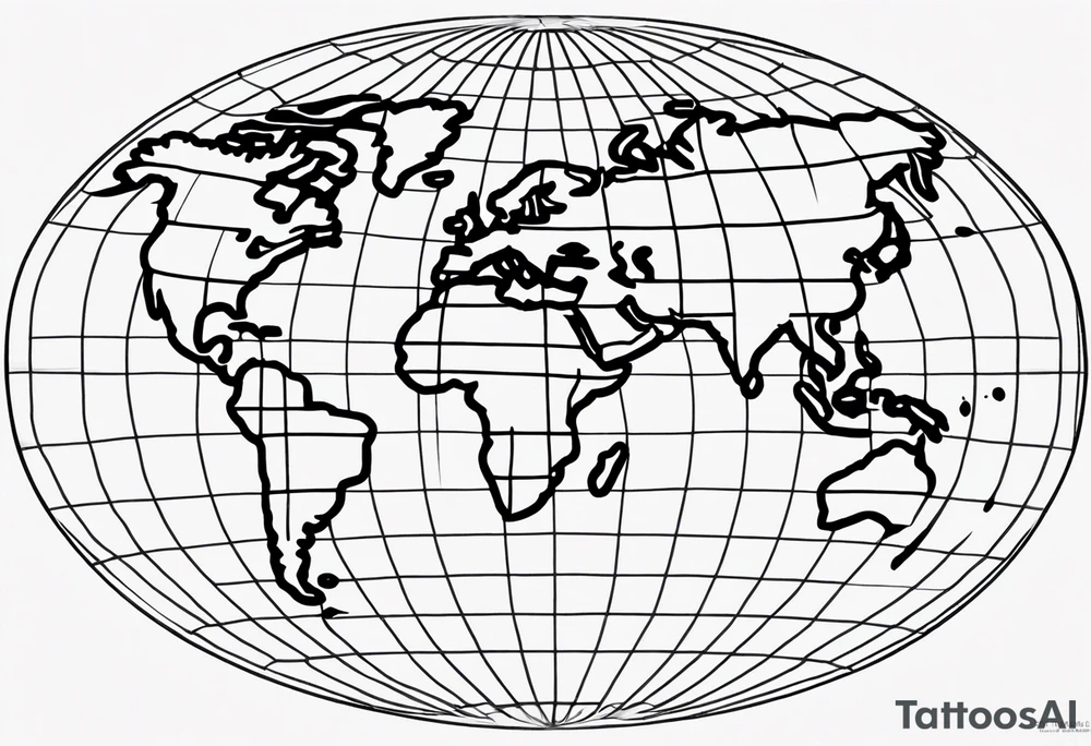 the earth on a flat map with light fading shading placed on a grid with only the lines with accurate depictions of the borders in countries while having it in an oval/circular position on a grid without any borders on the sides while having the countries not have such bold borders tattoo idea