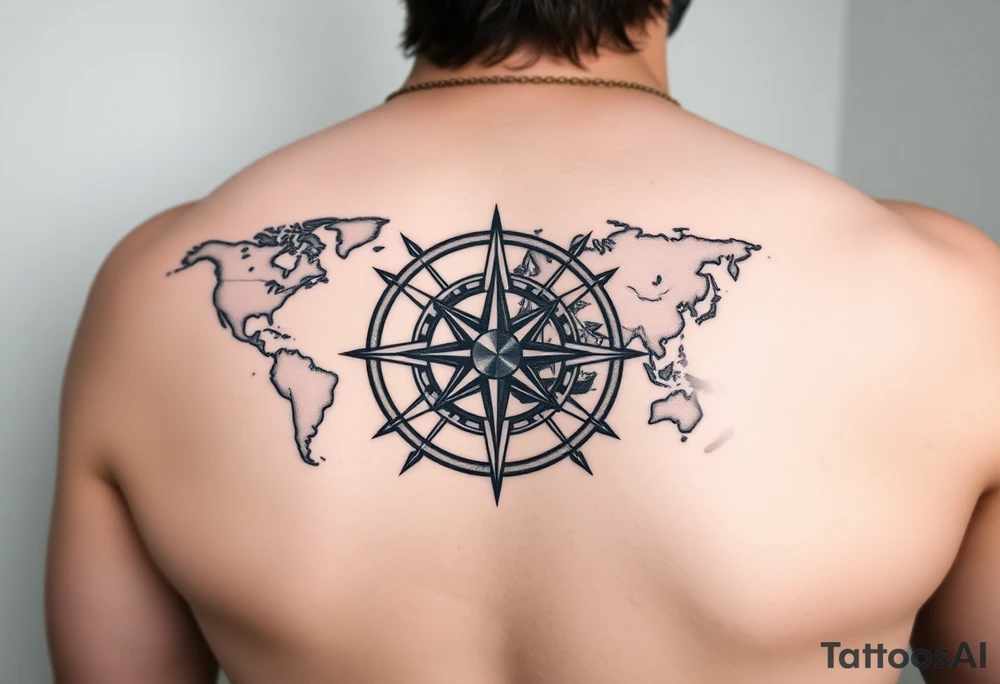 antique compass rose overlaid on weathered world map with sailing ships tattoo idea