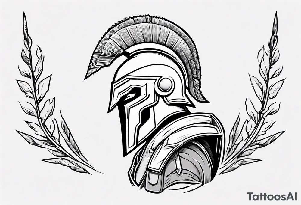 rectangular landscape format ultra-fine line linework vector of a spartan from the side, spartan spear, spartan shield, laurel wreath tattoo idea