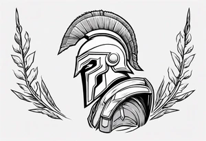 rectangular landscape format ultra-fine line linework vector of a spartan from the side, spartan spear, spartan shield, laurel wreath tattoo idea