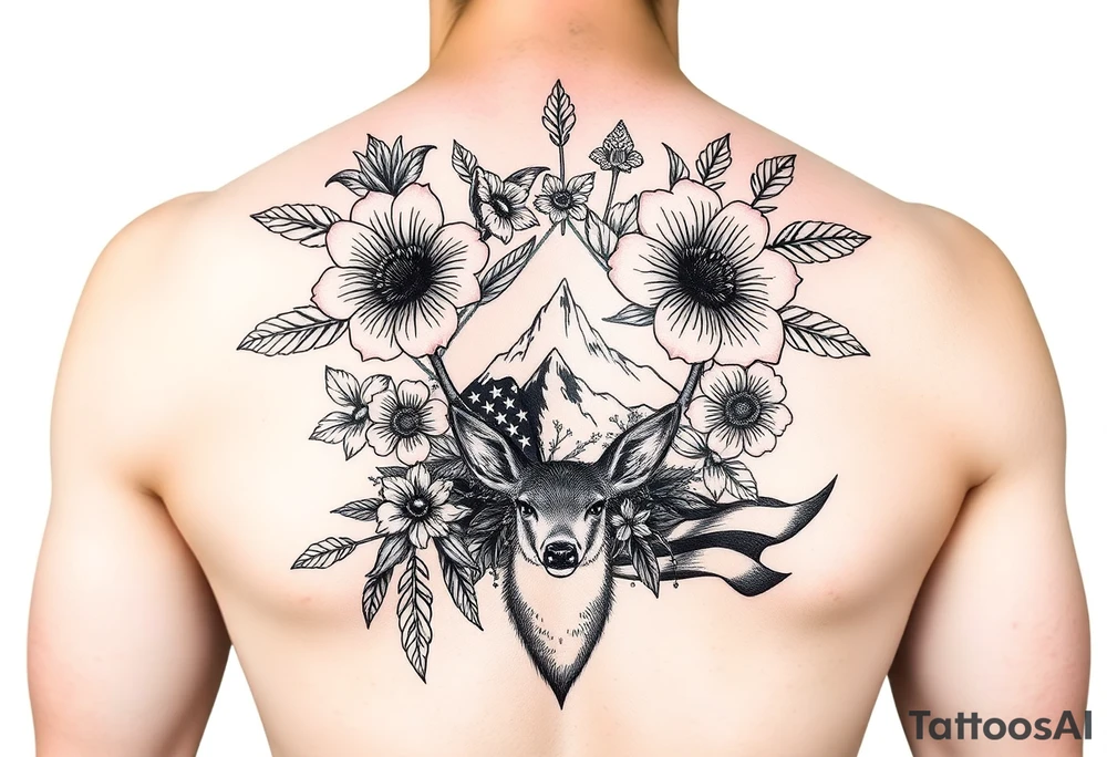 vintage bouquet of flowers , deer prints, river flower through a mountain with green eyes in it American flag wrapped around arm vintage car parts incorporated tattoo idea