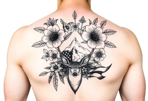 vintage bouquet of flowers , deer prints, river flower through a mountain with green eyes in it American flag wrapped around arm vintage car parts incorporated tattoo idea