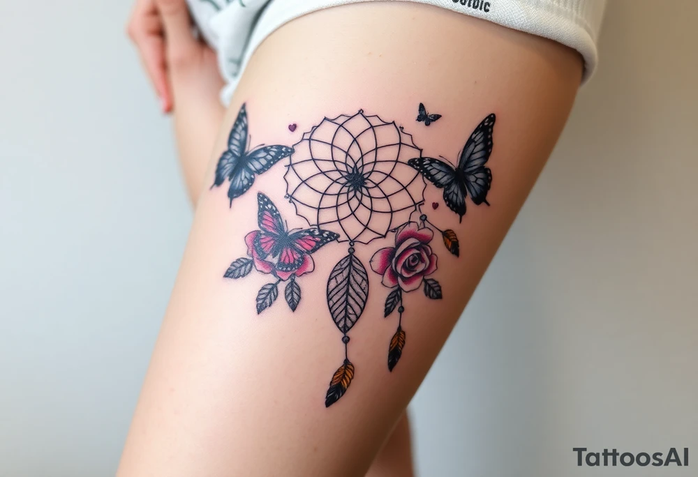 Dreamcatcher roses and butterflies tattoo idea
