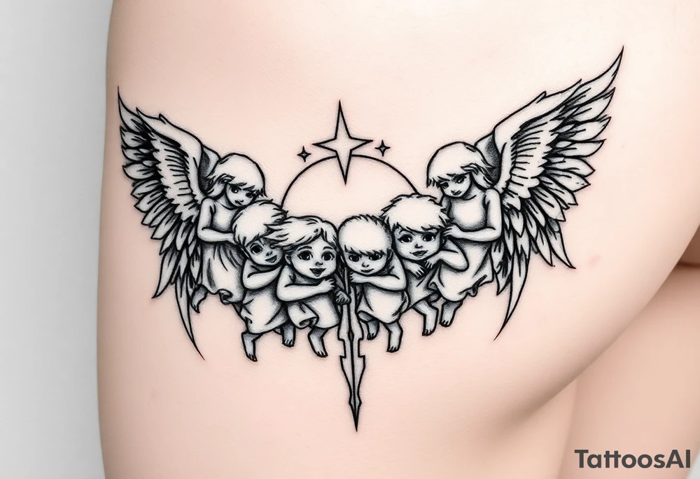 Tatoo down side to thigh, something with angels and 7 kids tattoo idea