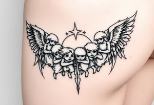 Tatoo down side to thigh, something with angels and 7 kids tattoo idea