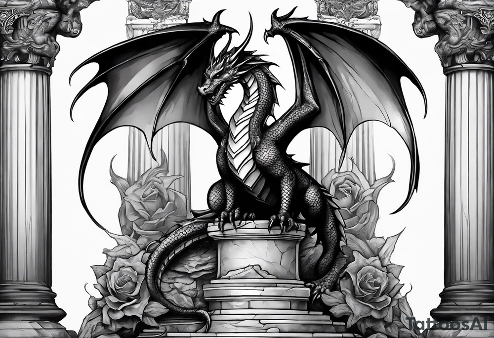 Small Dragon after a war, standing on two broken roman columns showing us his back tattoo idea
