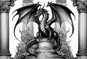 Small Dragon after a war, standing on two broken roman columns showing us his back tattoo idea