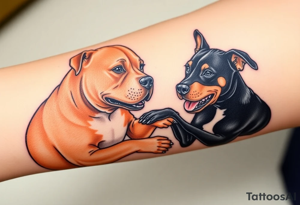 tan pitbull and black blue heeler dogs playing together tattoo idea