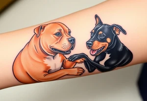 tan pitbull and black blue heeler dogs playing together tattoo idea