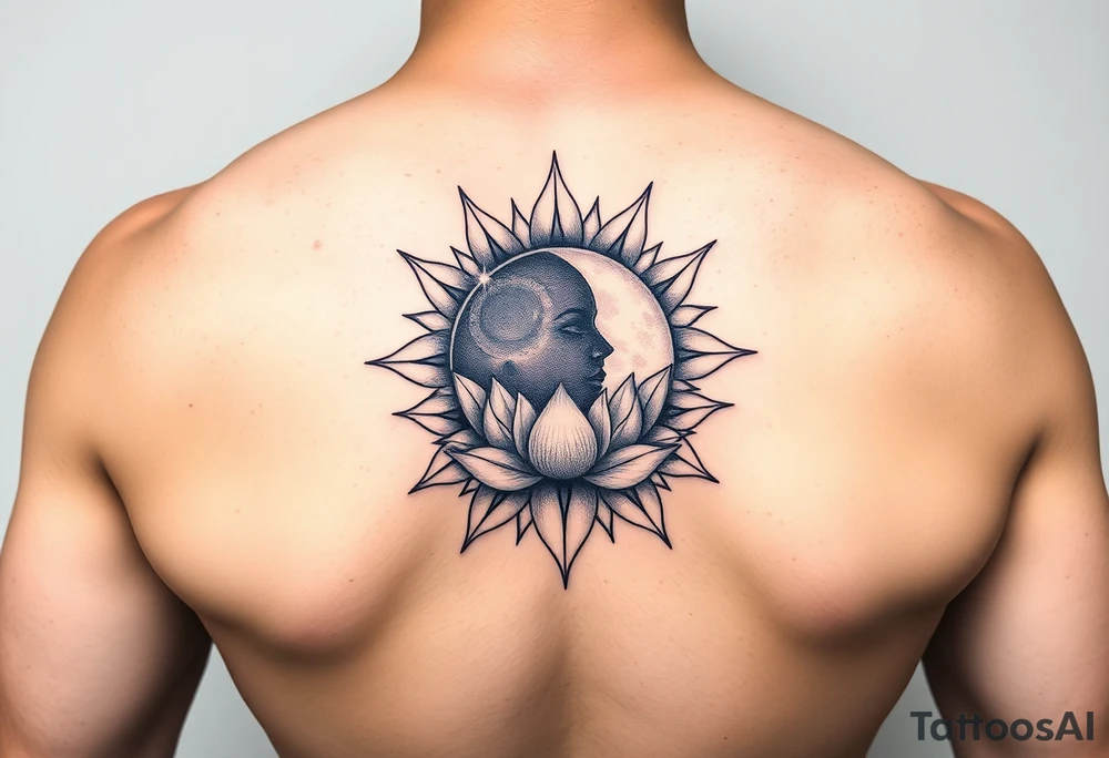 celestial sun and moon embrace with lotus flower tattoo idea