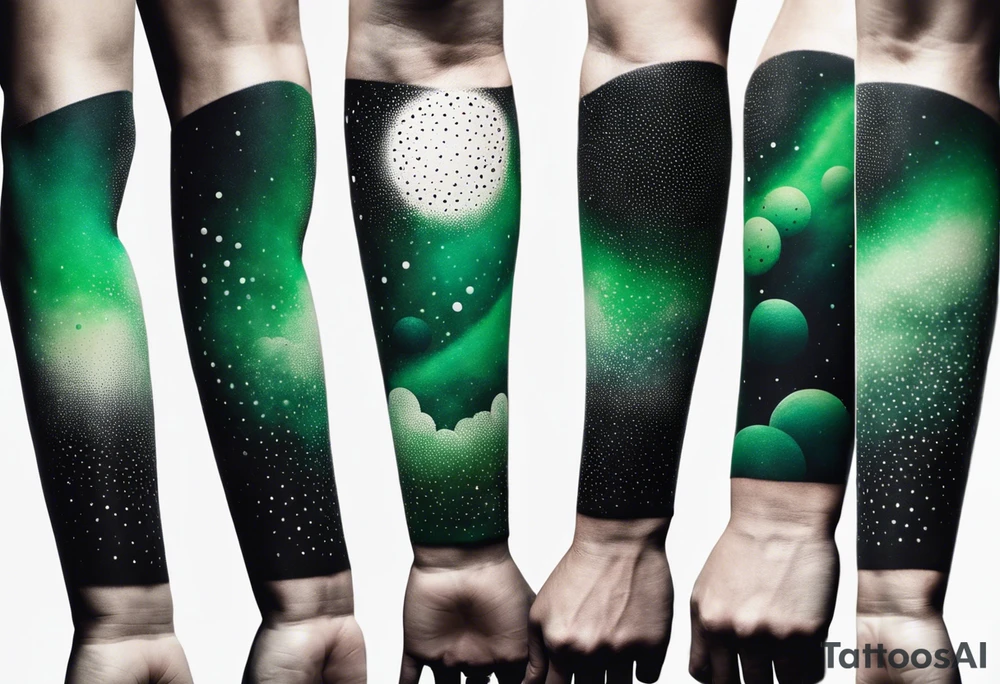 space, abstract, green and black, covered from wrist to forearm, fully covered, no borders, blackwork, no people tattoo idea