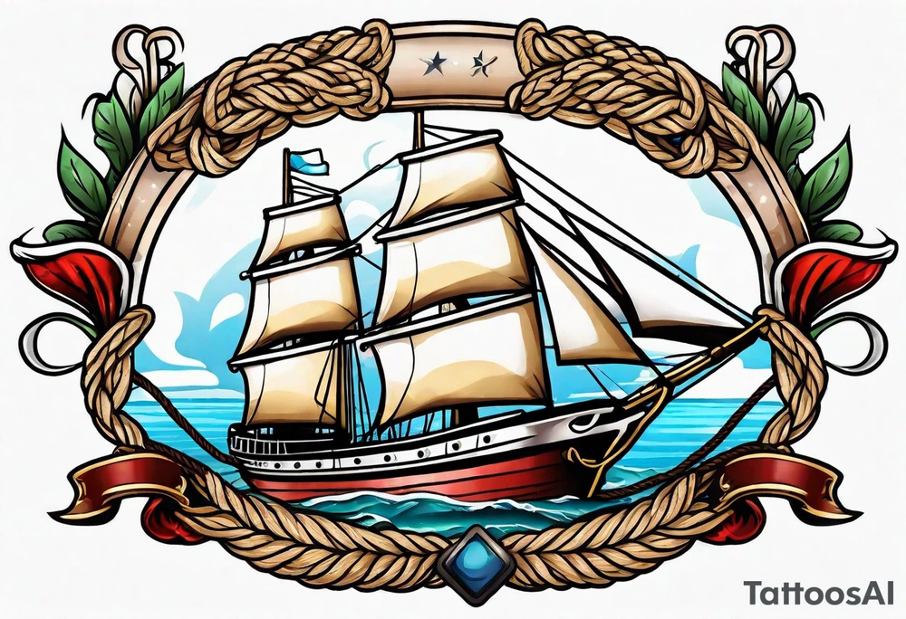 american traditional ship. rope border tattoo idea