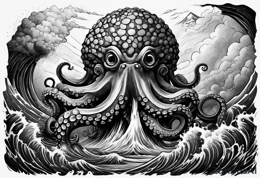 Octopus, volcano eruption, broken bridge tattoo idea Octopus, volcano eruption, broken bridge tattoo idea