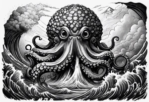 Octopus, volcano eruption, broken bridge tattoo idea