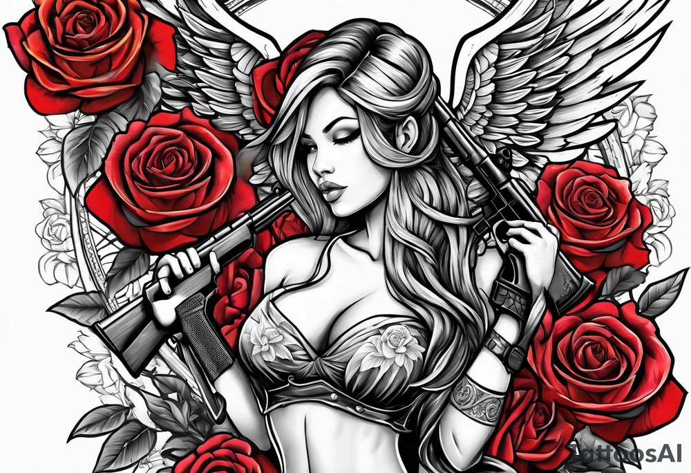 Beautiful angle standing from head to toe  with wings and tattoos surrounded by roses holding a ak 47 tattoo idea