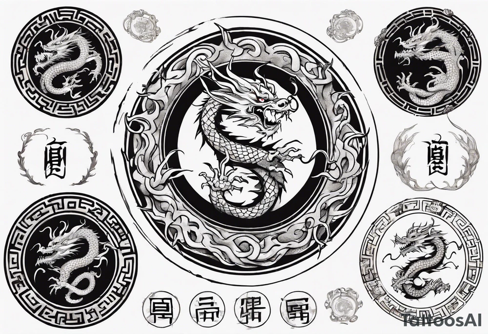 Chinese dragon in a circular shape with "02.03" written on its skin tattoo idea