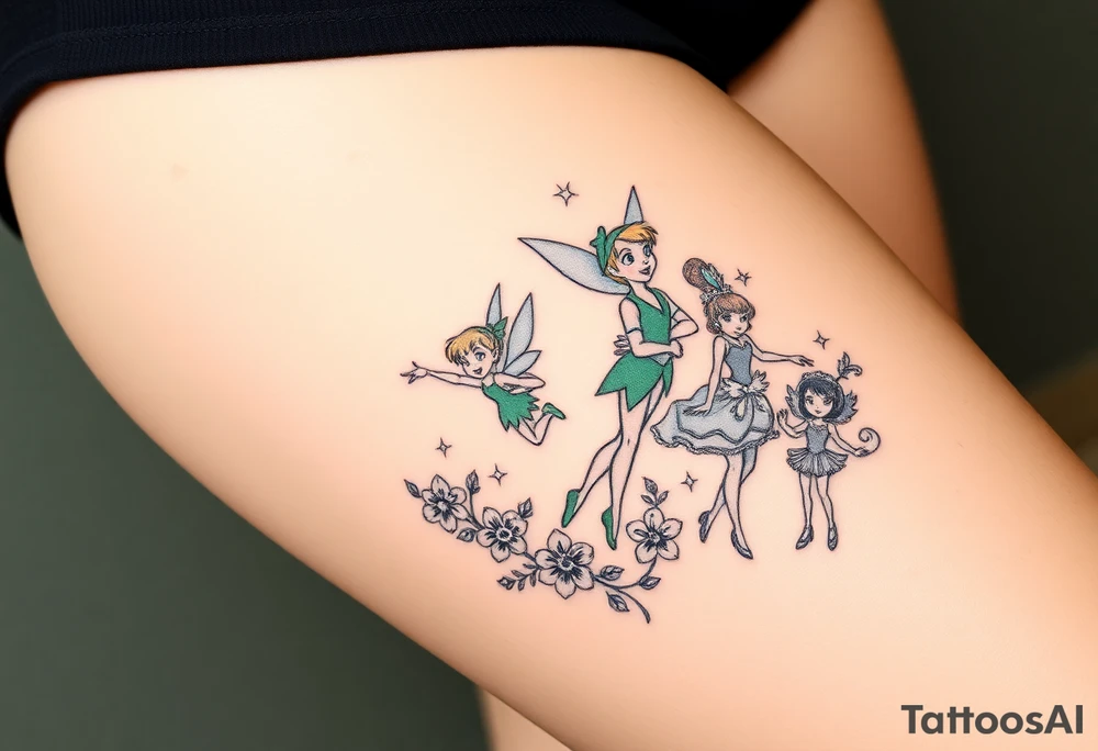 Peter pan, Tinker Bell and Wendy Darlin with flowers and stars tattoo idea