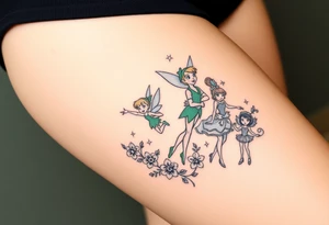 Peter pan, Tinker Bell and Wendy Darlin with flowers and stars tattoo idea